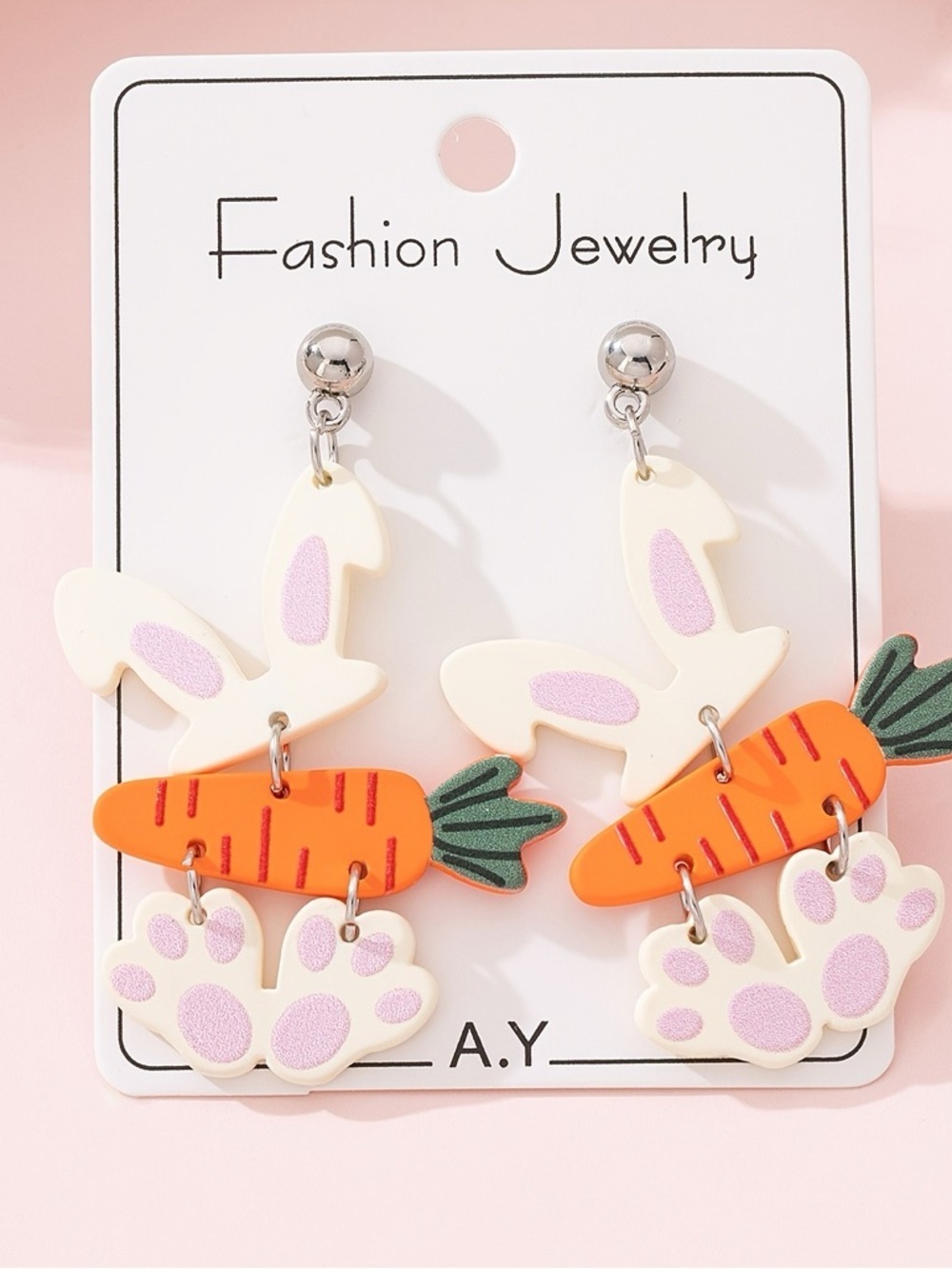 Cute Bunny & Carrot Dangle Earrings - Pink, Orange